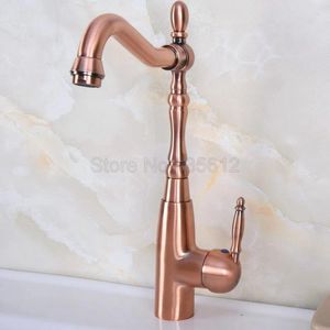 Bathroom Sink Faucets Red Copper Swivel Spout Faucet Wash Basin Mixer Deck Mount Single Lever Cold & Water Taps Wnf633