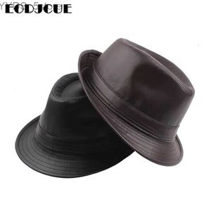 Wide Brim Hats Bucket Black leather British retro style jazz hat Fashion Fedoras Trilby Solid Panama formal Unisex for men and women yq240407