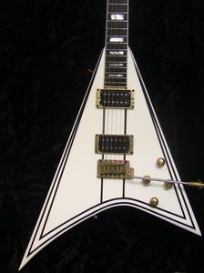 Exclusivo Randy Rhoads RR 1 Black Pinstripe Flying V Flying V Electric Guitar Gold Hardware Block MOP INLAY TREMOLO TAILPIPE