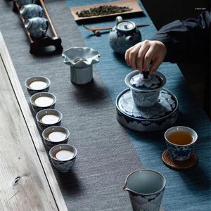TeAware Setleri Oriental Tea Seti Çin Geleneksel Klasik Ekran Vintage Mavi ve Beyaz Porselen Hediye Kutusu Juego De Te Hediyeler