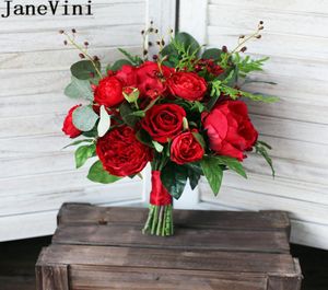 Janevini Vintage Red Bridal Bouquet Peony Rose 2018 Flor de casamento de noiva Buquet Buquetes de noivas de seda RAMO DE NOVIA746730