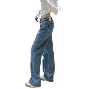 Ny design kvinnors höga midja lös logotyp broderi brett ben lösa jeans byxor långa byxor smlxlxxl