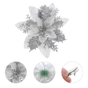 Flores decorativas 16pcs Poinsettia glitter decorações de Natal com clipes para casa