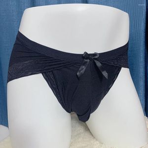 Underpants Men Sexy Sheer Lace Breathable Briefs Big Convex Pouch Panties Bow Comfortable Sissy Underwear Seductive Lingerie