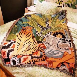 Filtar 2024 Cartoon Tiger Throw Filt stickad Tassel For Beds Soffa Cover Camping Picnic Mat Wall Hanging Tapestry Home Decor