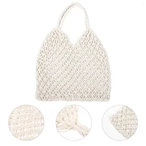 Storage Bags Hollow Out Mesh Knitted Bag Handmade Beach Cotton String Unlined Shoulder (White) Crochet