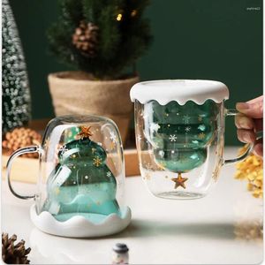 ワイングラス1PCクリスマスかわいいコーヒーマグティーカップミルクミルクダブルレイヤーグラスクリスマス装飾用のふた付き