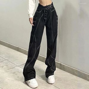 Kvinnors jeans mexzt y2k bälte kvinnor streetwear hög midja last bred ben denim byxor gotiska mörka akademiska bandage baggy casual byxor otc2u