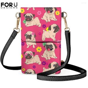 Axelväskor Forudesigns Fashion Outdoor Messenger för Women Cartoon Pug Dog With Flower Print Mobiltelefon Skärm Touch Purse Handväskor