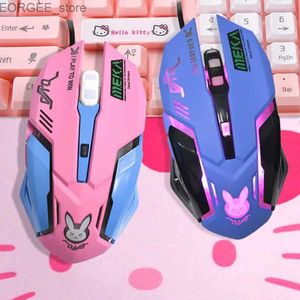 Mice OW DVA Pink Game Office Mouse Girl Glow Competition Chicken Cute Wired Mouse PC Laptop CF Watch Y240407