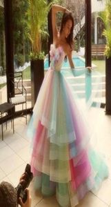 2019 Colorful Rainbow Prom Dresses A Line Sweetheart Floor Length Long Prom Gowns Sleeveless Tulle 100 Real Pos9449941