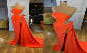 Orange Evening Dress Long Formal 2022 One Shoulder Beaded with High Slit Arabic Dubai Women Prom Dresses Evening Gowns C03165908183