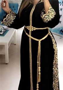 Kväll V-ringning långärmad guld Applique Black Robe Belt Pearl Marockan Kaftan Arabian Dress High Embroidery Lace Custom 240326