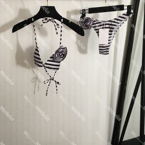 Randig baddräkt kvinnor bikini biquini med blommig låg midja tre poäng badkläder semester sexig strandkläder