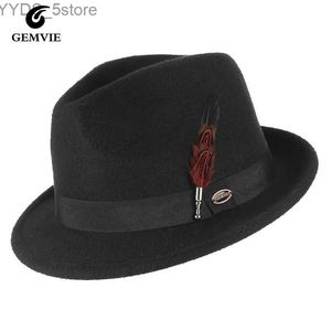 Geniş Memlu Şapkalar Kova Klasik Erkek Trilby Hat Metal Tüyler ve Band Açık Kilise Partisi ile Retro Fedora Kara YQ240407