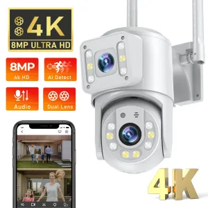 Telecamere 8 MP Dual Lens Ptz Wifi IP Cam quattro schermi a colori Vision Night Vision Security Detection Audio Tracking Surveillance Telecamere