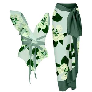 Women's Swimwear Green flower printed lace design with asymmetrical design Peplum shoulder integrated bow fashion swimwear and cover for women in 2023 J240403