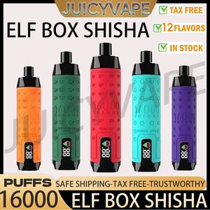 Orijinal elf kutusu shisha 16000 puflar tek kullanımlık kalem puf 16k vape 0% 2% 3% 5% seviye 28ml önceden doldurulmuş kartuşlar kapsül 600mAH şarj edilebilir pil Elfbox LED 9K 12K 18K 20K