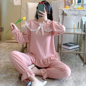 Ana Sayfa Giyim 2 PCS Pijama Takım Uzun Kollu Samimi İç çamaşırı Bahar Gündelik Nightwear Uyku Seti Kadınlar Baskı Çiçek Pijamaları