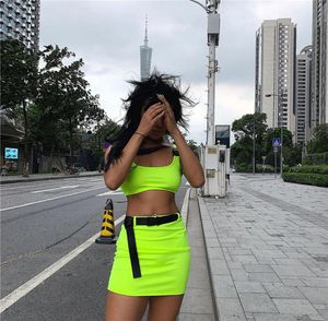 Sommer Buckle Band Skrit 2 Stück Set Women Neon Green Pink Streetwear Sets Gürtel Fashion Sexy Beach Outfits Casual Clothing Women7613608