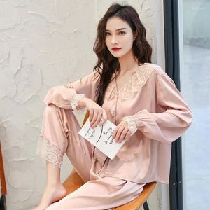 Home Clothing Pink Women 2pcs Pyjamas Anzug Langarm intime Dessous Satin Nightwear Casual Frühling Herbst Pyjama