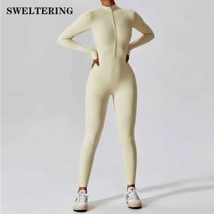 Women's Tracksuits Women's One-Piece Suit Zipper Nude Long Sleeve Yoga Set Gym Clothes Workout Boilersuit High Strength Sportswear Fitness Bodysuit J240103