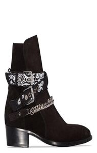 브랜드 새로운 남자 ami ri bandana strap buckled alkle boots 검은 가죽 스웨이드 다중 두건 프린트 사이드 벅들 스트랩 신발 5565675