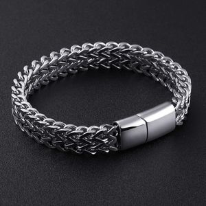 Men's Stainless Braided Double Row Front And Back Keel Magnetic Buckle Bracelet Titanium Steel Jewelry