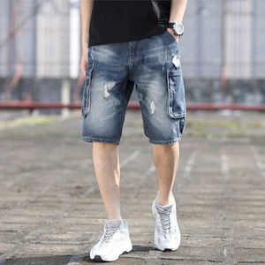 Men's Shorts Summer mens casual denim shorts with fashionable multiple pockets solid color light blue goods Bermuda torn jeans size 28-42 J240407