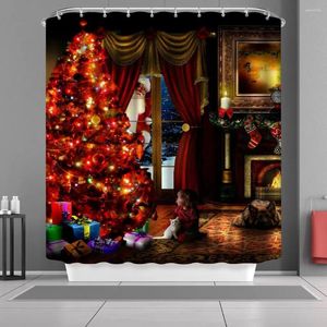 Shower Curtains Custom Xmas Merry Christmas Curtain Sets With Hooks Santa Claus Tree Gifts Fireplace Pattern Print