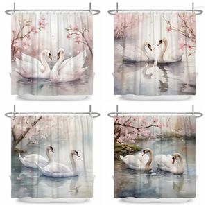 Shower Curtains Love Swan Lake Flower Tree Scenery Curtain Romantic Couple Theme Bathroom Wall Decoration Waterproof Polyester Screen Set