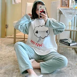 Home Clothing Cartoon Patchwork Color 2PCS Pajamas Suit Long Sleeve Flannel Green Sleep Set Nightwear Autumn Pyjamas