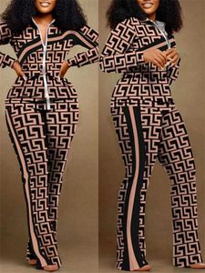 Calças de duas peças de duas peças vêm e outono de duas peças femininas geométricas com zíper e calças estampadas setc240407