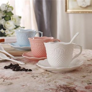 Cups Saucers Butterfly Embossed Bone China Mug 200ml Ceramic Flower Tea Cup Milk Coffee Saucer European Relief