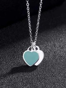 Designer Brand Gold Double Heart Enamel Necklace for Women Tiffays Same Blue Peach Collar Chain With logo