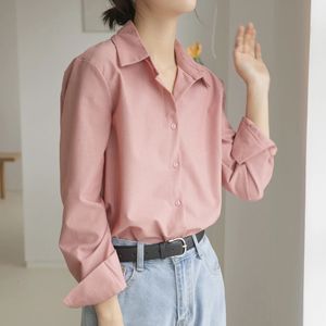 Qoerlin Högkvalitativ kontorsstil Elegant White Blue Women Pink Shirt Turndown Collar SingleBreasted Long Sleeve Shirts SXL 240407