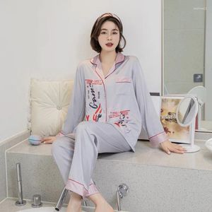 Ana Sayfa Giyim Kadın Pijama Set Baskı Tatlı Placeswear Pocket Pantolon Takım Pijamas Rayon Nightwear Bahar Homewear Lapel Seksi Nightgown