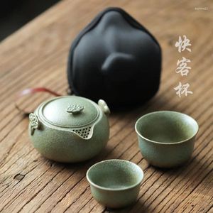 TEAWARE SETS Gradient Green Travel Tea Set One Pot Two Cups Portable Simple Retro Pottery Storage Car Maker