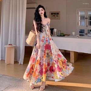 Casual Dresses Holiday Flowy Chiffon Long Cami Dress Women Twist Bandage V-Neck Ruffle Bohemian Print Flower Beachwear