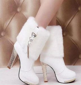 Fashion Winter High Heel Snow Boots Women039S chunky Heel Rhinestone Platform Faux Top Top Onkle Boots287x8544810