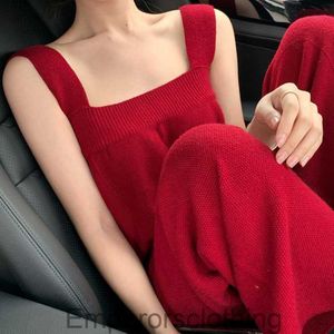 Versatile slim fit floor mopping wide leg pants red knitted shoulder strap pants womens 2023 spring and autumn loose jumpsuit