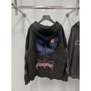 Hoodies, designer de moda masculina Balencigaas Paris Capuz de capuz Home 2023 New Tower Graffiti pintado à mão gradual fora lavado e com capuz ESW7 DV5K WVIS