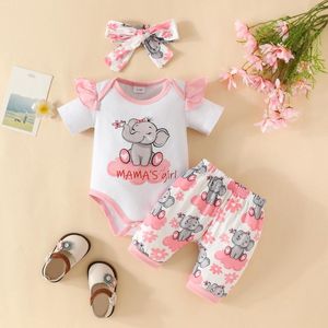 Kleidungssets 0-2 Jahre geborene Baby Mädchen tägliche Kleidung Set Cartoon Elefant Kurzarm Strampler Shorts mit Stirnband Sommer schön 3pcs outf