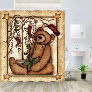 Shower Curtains Funny Cartoon Bear With Christmas Hat And Wishing Tree For Year