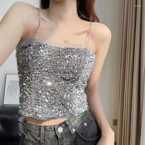 Kadın Tankları Üst Yaz Korece Versiyon Sequin Slim Sexy Moda Göğüs Pedleri ile Göbek Kilsiz Tank