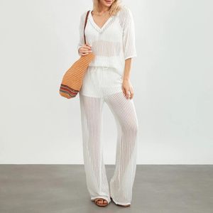 Women's Two Piece Pants Women Casual Knitted Outfits Crochet Hollow Out V Neck Loose Tops And Wide Legs Set Vintage Aesthetic Clothes