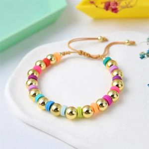 Bracelets 5Pcs Handmade Boho Style 18k Gold Ball Beads Rainbow Adjustable String Bracelet 6mm Color Polymer Clay Women Bracelets