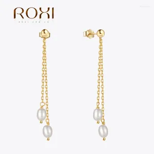 Stud Earrings ROXI 925 Sterling Silver Double Chain Tassel Ear Studs Earring Elegant Round Pearl Dangle For Women Jewelry