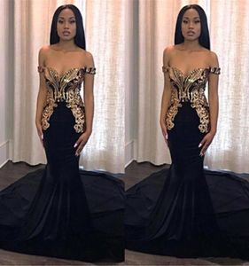 African Mermaid Black Prom -klänningar Långa guldapplikationer Elegant Off Axel Custom Black Girls Evening Gowns Celebrity Runway Dres2138774