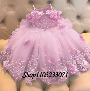 Pink Flower Girl Dress Lace Off Shoulder Pearls Butterflies Organza Baby Girl Wedding Birthday Party First Communion Dress 240323